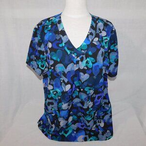 White Cross Womens XL Black with Blue Purple Hearts V Neck Scrub Top Shirt